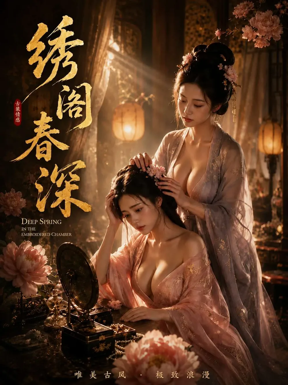 《绣阁春深》古装剧海报，两名古装女子在梳妆台前