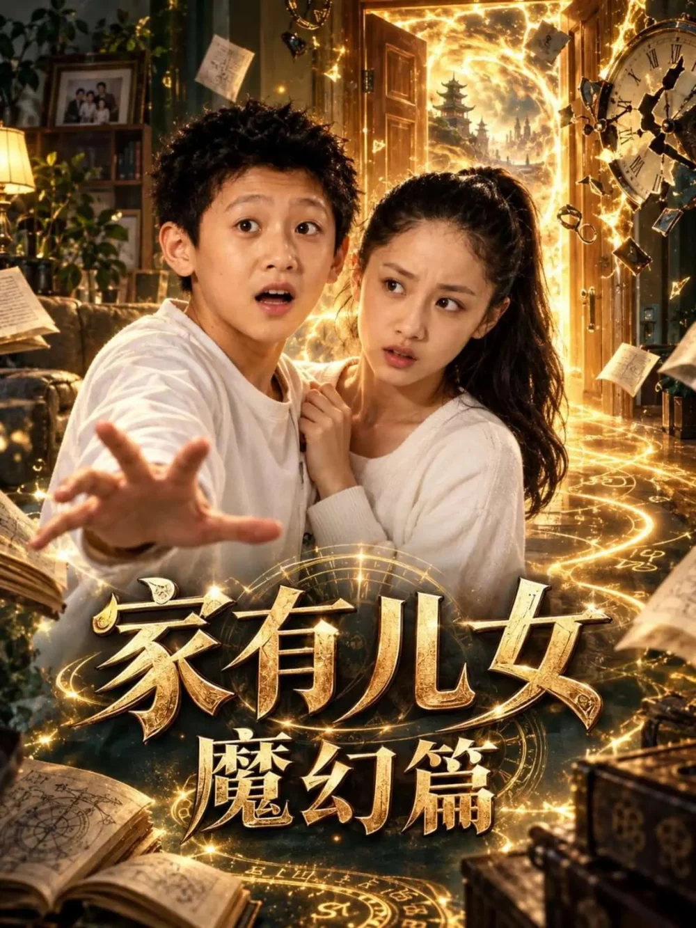 《家有儿女魔幻篇》海报，两个孩子站在魔法门前